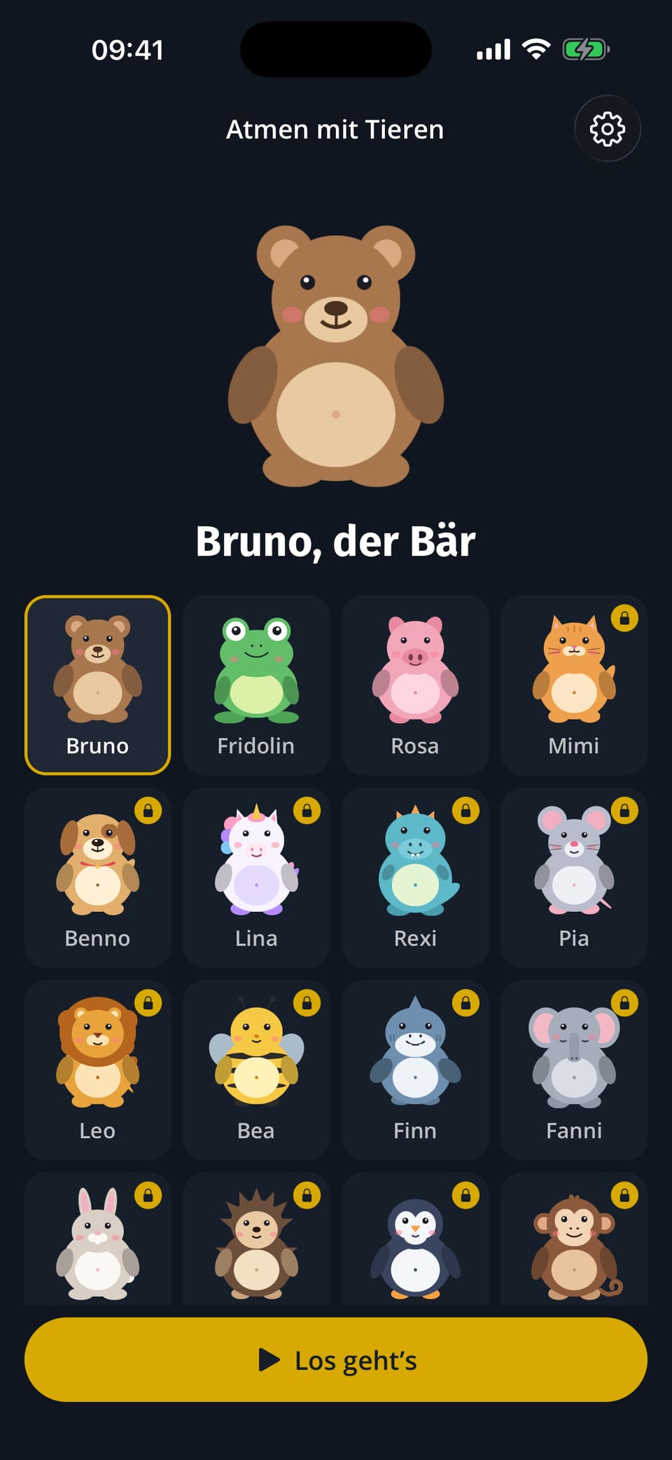 App screen showing the animal picker with Bruno, Fridolin, Rosa, and other characters