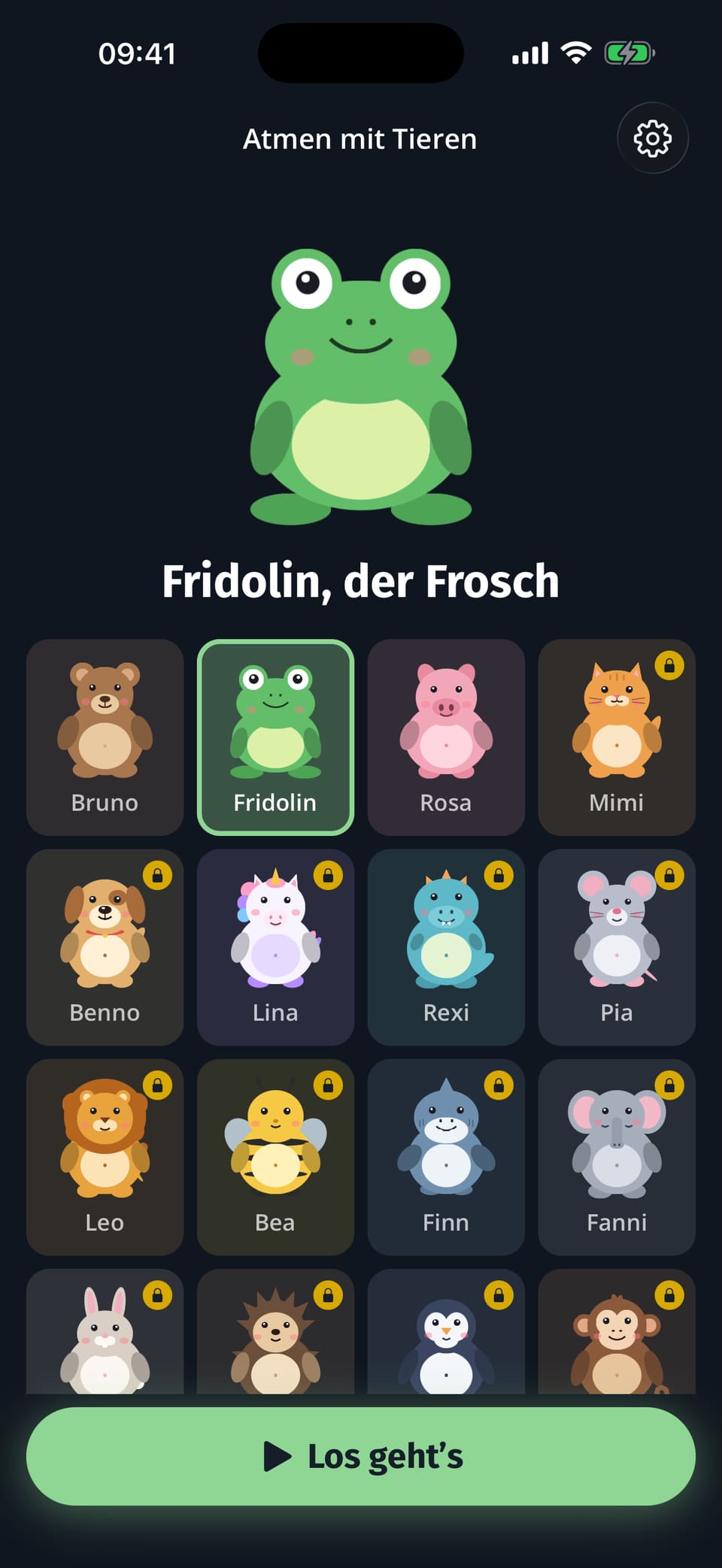 Bildschirm der App Atmen mit Tieren mit ausgewähltem Frosch Fridolin