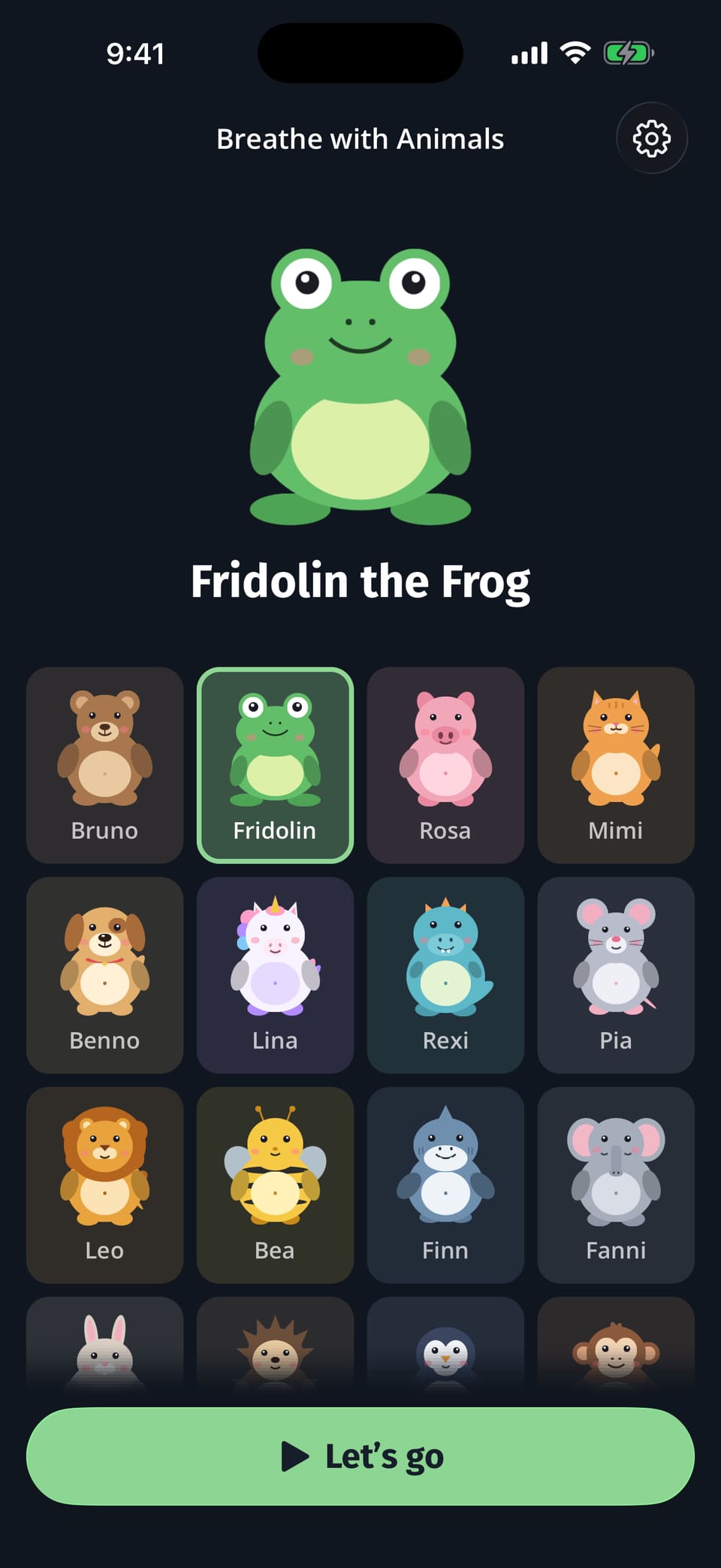 Breathe with Animals app screen showing Fridolin the frog selected