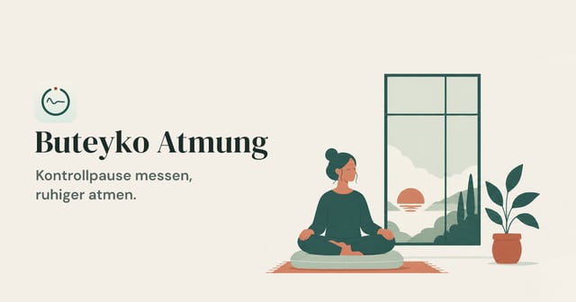 Buteyko Atmung app artwork: a seated person beside a window, with the German words for measuring the control pause and breathing more quietly.