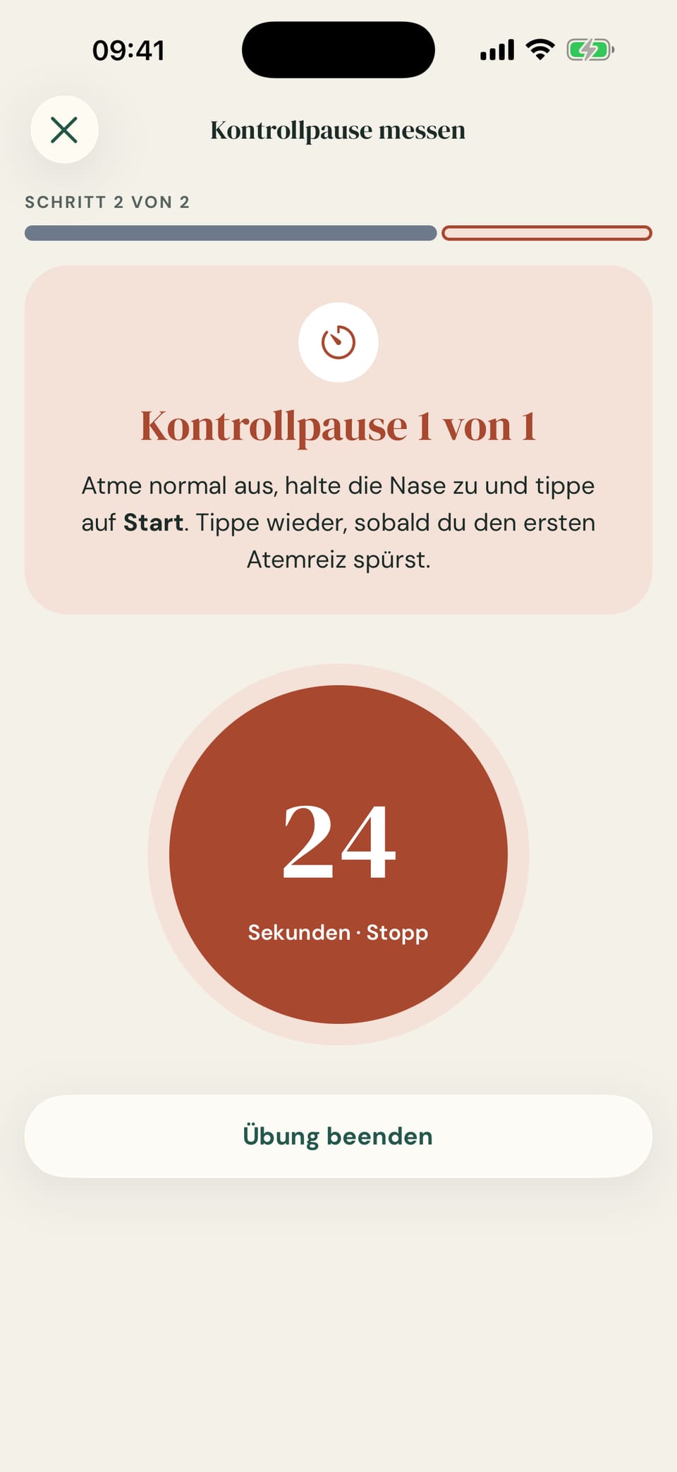Deutsche Buteyko-App-Messansicht mit Anleitung und Timer für die Kontrollpause
