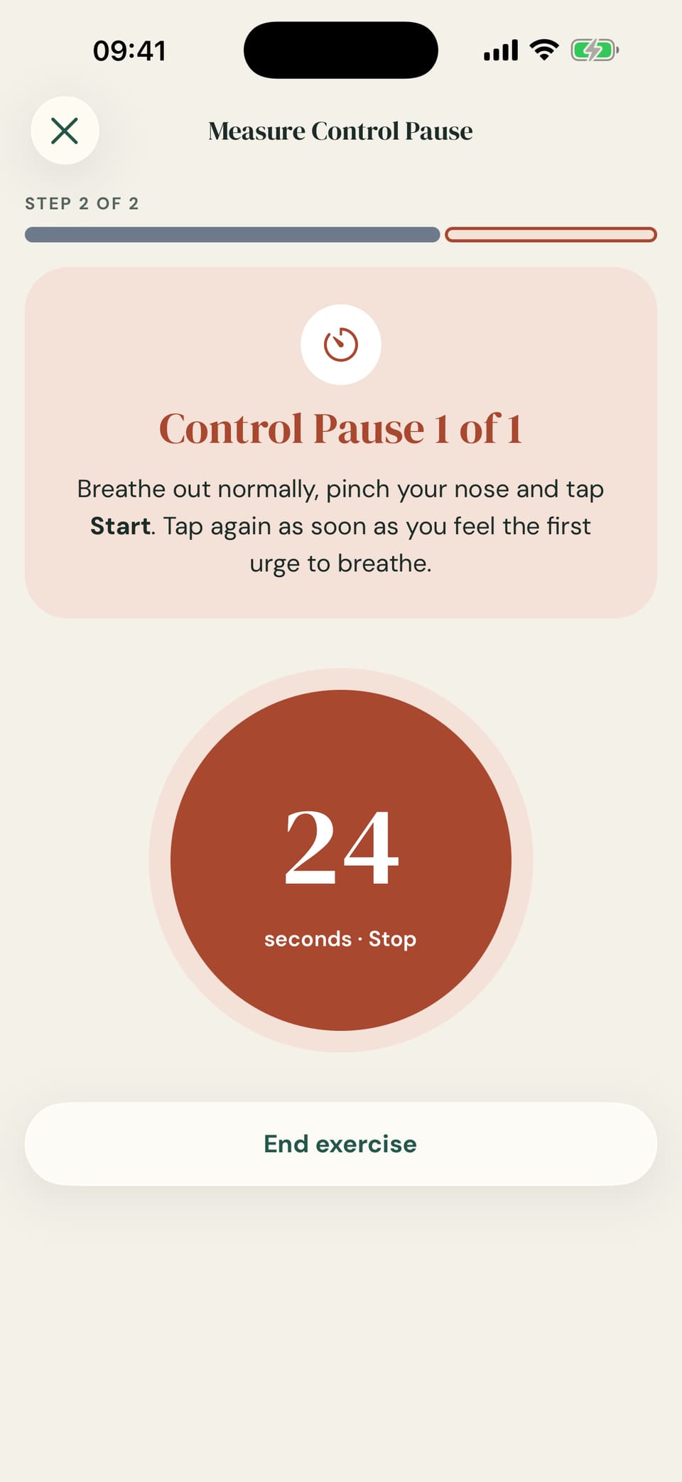 English Buteyko app measurement screen with instructions and a control-pause timer