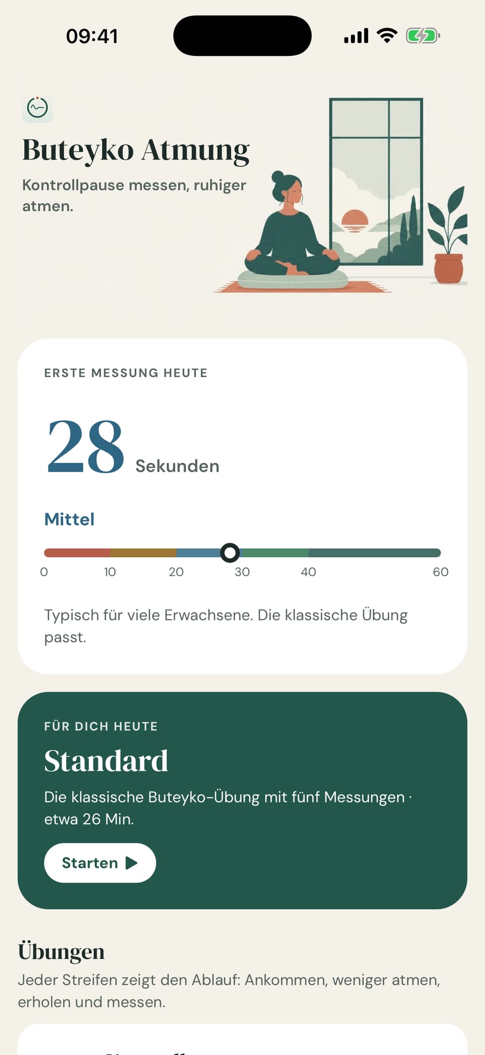Deutsche Buteyko-App-Startseite mit heutiger Kontrollpause und einer Übungsempfehlung