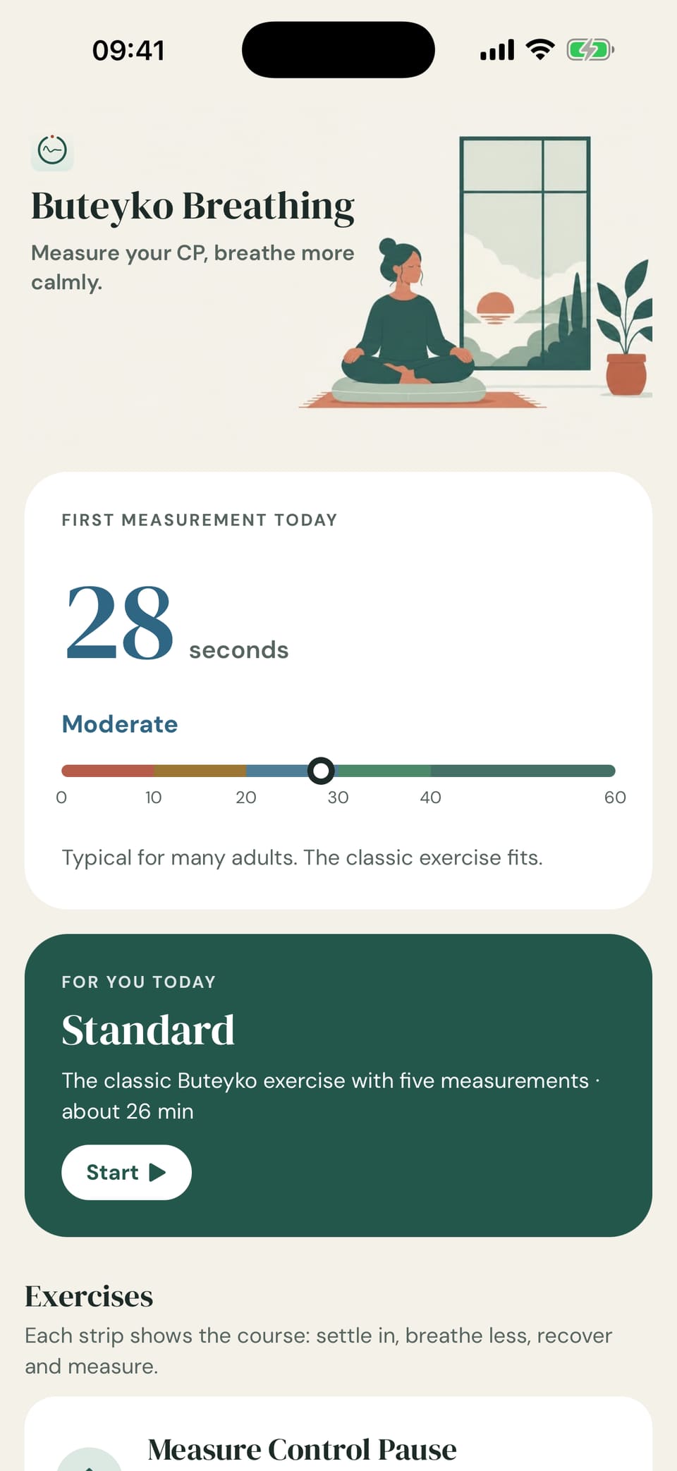 English Buteyko app home screen with today’s control pause and an exercise recommendation