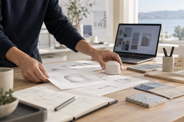 Hände ordnen Produktskizzen und einen Prototyp auf einem Arbeitstisch