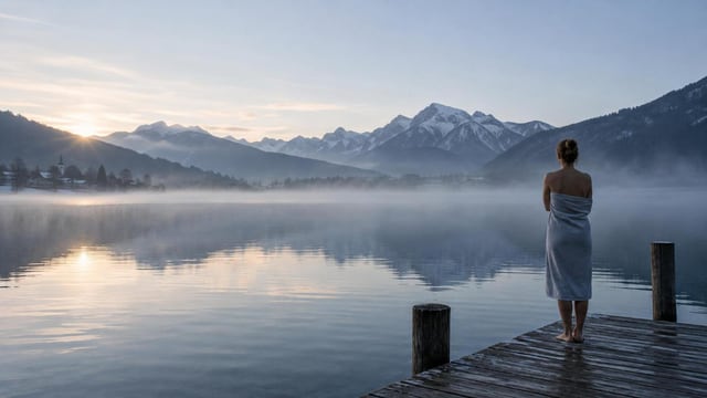 Eine von hinten gesehene Person steht im Morgennebel an einem stillen See