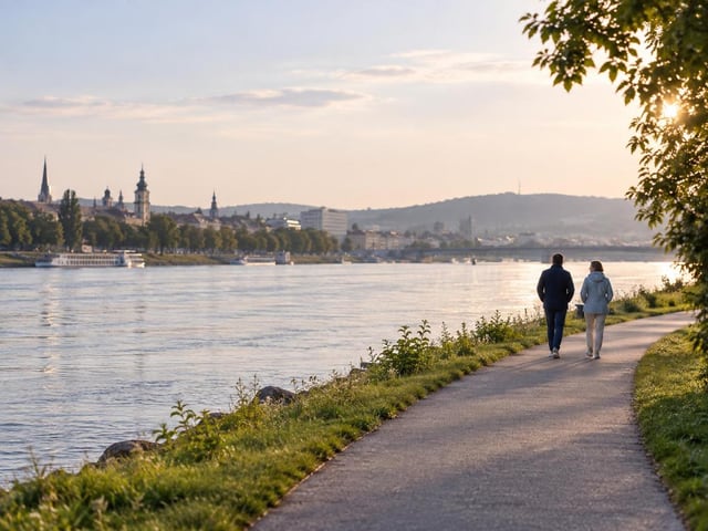 Zwei Menschen gehen im Gespräch an der Donau in Linz, von hinten gesehen